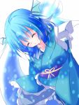  1girl animal_ears asn_s blue_hair breasts closed_eyes head_fins japanese_clothes kimono long_sleeves mermaid monster_girl obi sash short_hair smile solo touhou wakasagihime wide_sleeves 