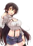 1girl black_hair black_legwear blush breasts cleavage cleavage_cutout highres kakao_rantan large_breasts long_hair looking_at_viewer midriff navel open-chest_sweater open_mouth original ribbed_sweater shorts simple_background solo suspenders sweater thigh-highs turtleneck very_long_hair white_background 