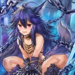  animal_ears bare_shoulders blue_hair blush chain edobox granblue_fantasy open_mouth red_eyes squatting tail wolf_ears wolf_tail 