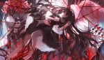  1girl 91_(968087) akemi_homura barefoot black_hair dress flower full_moon funeral_dress gears hair_ribbon hairband homulilly kaname_madoka long_hair looking_at_viewer lotte_(madoka_magica) mahou_shoujo_madoka_magica mahou_shoujo_madoka_magica_movie moon pink_hair polearm red_eyes ribbon short_hair short_twintails smile solo_focus soul_gem spear spider_lily spoilers star_(sky) twintails weapon witch_(madoka_magica) 