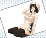  1girl black_hair black_legwear black_panties blush breasts cleavage cleavage_cutout glasses hat highres lace-trimmed_panties large_breasts long_hair looking_at_viewer midnight_(artist) open-chest_sweater original panties red_eyes ribbed_sweater rimless_glasses sitting solo sweater thigh-highs turtleneck underwear wariza zettai_ryouiki 