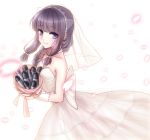  1girl bare_shoulders bouquet braid bride dress elbow_gloves flower gloves highres kantai_collection kitakami_(kantai_collection) long_hair meaomao smile solo torpedo veil violet_eyes wedding_dress 