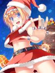  1girl alice_margatroid anni_minto belt blonde_hair blue_eyes blush hairband hat highres panties pantyshot pantyshot_(standing) santa_costume santa_hat shanghai_doll standing sweatdrop touhou underwear white_panties 