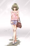  1girl bag bare_legs bare_shoulders blue_eyes blush brown_hair character_name collarbone green_eyes handbag haru_(primavera) heterochromia idolmaster idolmaster_cinderella_girls knees lips looking_at_viewer no_socks pink_shirt shade shirt short_hair signature sleeveless takagaki_kaede walking 