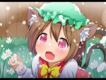  1girl animal_ears blush bow brown_hair cat_ears cat_tail chen dress fang flower highres long_sleeves makuran mob_cap multiple_tails open_mouth paw_pose pink_eyes red_dress shirt smile snowing solo tail touhou 
