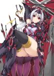  1girl armor black_gloves black_legwear blush breasts character_request crossed_legs dagger elbow_gloves gloves greaves large_breasts long_hair nakano_sora official_art original red_eyes silver_hair sitting smile solo sword thigh-highs thighs weapon 