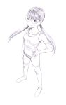  1girl long_hair monochrome original school_swimsuit sketch solo swimsuit thigh-highs traditional_media twintails yoshitomi_akihito 