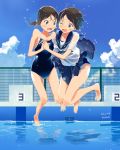  2girls artist_name brown_eyes brown_hair clouds cloudy_sky dated diving fence holding_hands kusakabe_(kusakabeworks) multiple_girls one_eye_closed open_mouth original pool school_swimsuit school_uniform serafuku short_hair sky sparkle starting_block surprised swimsuit swimsuit_under_clothes twintails wet wet_clothes 