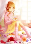  1girl ahira_yuzu bed brown_eyes brown_hair flower highres hoodie original short_hair sitting socks solo thermometer 