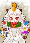  1girl absurdres ahoge chixida christmas christmas_ornaments christmas_tree_costume dress failure_penguin hair_ornament highres horns kantai_collection long_hair looking_at_viewer mittens northern_ocean_hime open_mouth pale_skin red_eyes shinkaisei-kan silver_hair solo v_arms white_dress 