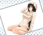 1girl black_hair black_panties blush breasts cleavage cleavage_cutout glasses hat highres lace-trimmed_panties large_breasts long_hair looking_at_viewer midnight_(artist) open-chest_sweater original panties red_eyes ribbed_sweater rimless_glasses sitting solo sweater turtleneck underwear wariza 