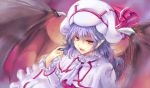  1girl ascot bat_wings blue_hair bust capelet dress fangs hat hat_ribbon kiyama_satoshi long_sleeves looking_at_viewer open_mouth pointy_ears red_eyes remilia_scarlet ribbon saliva saliva_trail smile solo touhou white_dress wings 