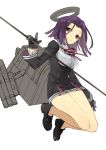  1girl bare_legs black_dress black_gloves dress gloves hita_(hitapita) kantai_collection loafers long_sleeves looking_at_viewer machinery mechanical_halo polearm purple_hair shoes short_hair simple_background smile solo tatsuta_(kantai_collection) violet_eyes weapon white_background 