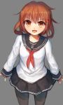  1girl :d black_skirt brown_eyes brown_hair fang grey_background hair_ornament hairclip highres ikazuchi_(kantai_collection) kantai_collection looking_at_viewer open_mouth pantyhose school_uniform serafuku shone short_hair simple_background sketch skirt smile solo 