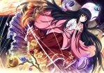  1girl black_hair branch brown_eyes cowry_shell dress full_moon houraisan_kaguya jeweled_branch_of_hourai long_hair looking_at_viewer moon outstretched_hand solo touhou ugume very_long_hair 