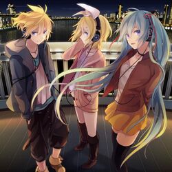  1boy 2girls akiyoshi_(tama-pete) blonde_hair choker hand_in_pocket hatsune_miku headphones hoodie jewelry kagamine_len kagamine_rin long_hair multiple_girls necklace night short_hair skirt thigh-highs twintails very_long_hair vocaloid 