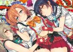  3girls blue_eyes blue_hair brown_hair fingerless_gloves gloves haruken kousaka_honoka long_hair looking_at_viewer love_live!_school_idol_project lying midriff minami_kotori multiple_girls navel orange_hair red_eyes red_skirt short_hair side_ponytail skirt smile sonoda_umi yellow_eyes 