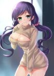  1girl blush breasts cleavage cleavage_cutout green_eyes harimoji highres large_breasts long_hair looking_at_viewer love_live!_school_idol_project open-chest_sweater purple_hair ribbed_sweater smile solo sweater toujou_nozomi turtleneck turtleneck_sweater twintails 