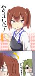  &gt;:o &lt;o&gt;_&lt;o&gt; /\/\/\ 2girls 2koma :3 :o absurdres alternate_hairstyle brown_eyes brown_hair bust clenched_hand comic female grey_hair highres japanese_clothes kaga_(kantai_collection) kantai_collection looking_at_viewer multiple_girls muneate peeking_out surprised sweat tasuki translated twintails ukami zuikaku_(kantai_collection) 