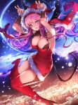  1girl a-line arms_up black_bra blue_eyes bra breasts cape cityscape cleavage full_moon garter_belt hat highres mole moon pink_hair red_legwear santa_hat snowing star star-shaped_pupils strap_gap symbol-shaped_pupils tagme tail thigh-highs underwear 