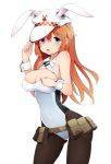 1girl :o animal_ears bare_shoulders black_legwear blue_eyes blush breasts bunnysuit charlotte_e_yeager cleavage covered_navel hat highres kinakomoti large_breasts long_hair looking_at_viewer open_mouth orange_hair pantyhose rabbit_ears simple_background solo strike_witches white_background wrist_cuffs 