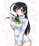  ahoge between_breasts black_eyes black_hair blush breast_hold breasts cleavage flower girls_und_panzer isuzu_hana lily_(flower) long_hair looking_at_viewer no_pants open-chest_sweater osaka_kanagawa ribbed_sweater smile standing sweater turtleneck turtleneck_sweater white_background 