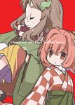  2girls bell brown_hair checkered closed_eyes english futatsuiwa_mamizou futatsuiwa_mamizou_(human) glasses hair_bell hair_ornament inuinui japanese_clothes leaf leaf_hair_ornament leaf_on_head long_hair motoori_kosuzu multiple_girls red_eyes redhead scarf short_hair smile touhou twintails wide_sleeves 