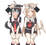  2girls ahoge animal_ears black_hair black_skirt blue_eyes blush cat_ears cat_tail dog_ears dog_tail hair_flaps hair_ornament hair_ribbon hands_on_another&#039;s_head highres kantai_collection kemonomimi_mode kneehighs looking_at_viewer multiple_girls nakamura_kumarin neckerchief necktie one_eye_closed petting pleated_skirt red_eyes ribbon scarf school_uniform serafuku shigure_(kantai_collection) skirt smile solo tail white_scarf yuudachi_(kantai_collection) 