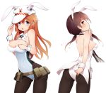  2girls :o animal_ears ass black_legwear blue_eyes blush breasts brown_eyes brown_hair bunnysuit charlotte_e_yeager cleavage covered_navel detached_collar gertrud_barkhorn hat highres kinakomoti large_breasts long_hair looking_at_viewer looking_back multiple_girls open_mouth orange_hair pantyhose rabbit_ears simple_background strike_witches twintails white_background wrist_cuffs 