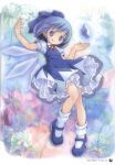  1girl absurdres blue_dress blue_eyes blue_hair bow cirno dress fairy full_body hair_ornament hair_ribbon highres ice ice_wings looking_at_viewer mary_janes pop puffy_sleeves ribbon scan shoes short_sleeves smile socks solo tongue tongue_out touhou white_legwear wings 