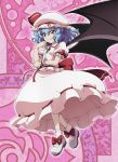  1girl bat_wings blue_hair brooch dress fang hat hat_ribbon jewelry lunamoon pink_dress puffy_short_sleeves puffy_sleeves red_eyes remilia_scarlet ribbon sash short_sleeves smile solo touhou wings wrist_cuffs 