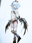  1girl alternate_costume alternate_wings bare_shoulders blue_hair boots colored_eyelashes fangs knee_boots mechanical_wings open_mouth osome_tei red_eyes remilia_scarlet short_hair silver_hair solo touhou traditional_media vampire wings 