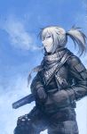  1girl blonde_hair blue_eyes blue_sky cigarette coat gloves hand_in_pocket hetza_(hellshock) holster looking_to_the_side original ponytail profile scarf sky smoking snow solo suzumi_(hetza) thigh_holster 