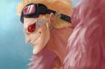  1boy blonde_hair bust donquixote_doflamingo earrings feather_boa goggles goggles_on_head jewelry magician_(china) male one_piece open_clothes open_shirt shirtless short_hair smile solo sunglasses 