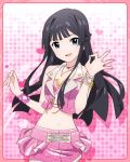  1girl :d artist_request black_hair blue_eyes bracelet bustier half_updo heart idolmaster idolmaster_million_live! jewelry long_hair looking_at_viewer midriff mogami_shizuka navel necklace official_art open_mouth pink_background skirt smile solo vest 