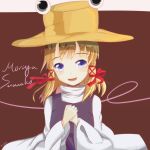  1girl absurdres artist_name blonde_hair blue_eyes bust character_name color1087 hair_ribbon hands_together hat highres looking_at_viewer moriya_suwako open_mouth pyonta ribbon short_hair smile solo touhou turtleneck vest wide_sleeves 