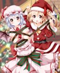  2girls 3: :d alternate_costume bat_wings blonde_hair blush christmas dress flandre_scarlet gift_wrapping highres looking_at_viewer mob_cap multiple_girls open_mouth purple_hair red_eyes remilia_scarlet santa_costume short_hair siblings side_ponytail sisters smile touhou tsurukou_(tksymkw) wings wrapped_up 