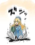  1girl :d atago_(kantai_collection) beret blonde_hair blue_eyes crack engiyoshi falling hat kantai_collection long_hair open_mouth smile solo translation_request weighing_scale 