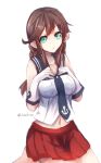  1girl bangs belt braid breasts brown_hair gloves green_eyes kantai_collection konkito long_hair midriff noshiro_(kantai_collection) open_mouth pleated_skirt school_uniform serafuku skirt solo swept_bangs twin_braids white_gloves 