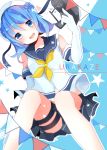  1girl blue_eyes blue_hair gloves gun hat highres kantai_collection kumahara long_hair smile uniform urakaze_(kantai_collection) weapon 
