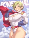  1girl belt blonde_hair blue_eyes blue_gloves breasts cape character_name cleavage cleavage_cutout curvy dc_comics eyebrows eyelashes gloves large_breasts lens_flare leotard lips maou_alba nose power_girl short_hair smile solo superhero thick_thighs thighs 