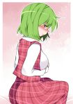  1girl blush breasts commentary_request green_hair hammer_(sunset_beach) kazami_yuuka large_breasts looking_at_viewer plaid plaid_skirt plaid_vest red_eyes short_hair sitting skirt skirt_set solo touhou translation_request 