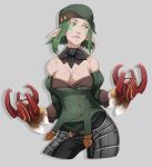  1girl bandana breasts claw_(weapon) cleavage contrapposto cowboy_shot cropped_legs detached_collar detached_sleeves dual_wielding facial_tattoo faulds final_fantasy final_fantasy_xiv green_eyes green_hair headband heterochromia pointy_ears short_hair solo strapless tattoo violet_eyes whistle_frog 