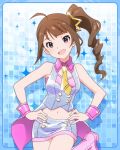  1girl :d ahoge artist_request bracelet brown_hair character_name cuff_links hands_on_hips head_tilt idolmaster idolmaster_million_live! jewelry looking_at_viewer necktie official_art open_mouth side_ponytail skirt smile solo violet_eyes yokoyama_nao 