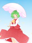  1girl ascot green_hair highres hiyori_(higanahannnti) kazami_yuuka long_skirt petals plaid plaid_skirt plaid_vest red_eyes short_hair skirt skirt_set smile solo touhou umbrella 