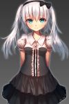  1girl arms_behind_back bow breasts cowboy_shot dress gradient gradient_background green_eyes grey_hair hair_ornament hairband highres long_hair looking_at_viewer original puffy_short_sleeves puffy_sleeves shirt shone short_sleeves silver_hair skirt small_breasts solo twintails white_hair 