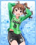  1girl ahoge artist_request blush bracelet brown_hair clothes_writing d: gloves goalkeeper gym_shorts hands_on_own_head idolmaster idolmaster_million_live! jewelry looking_at_viewer official_art open_mouth scrunchie shorts side_ponytail soccer_uniform sportswear violet_eyes wavy_mouth yokoyama_nao 