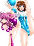  :d alternate_costume anzu_(onelelee) blue_eyes breasts brown_hair cleavage highleg highres leg_up looking_at_viewer lyrical_nanoha mahou_shoujo_lyrical_nanoha mahou_shoujo_lyrical_nanoha_strikers open_mouth outstretched_arm pink_hair ponytail shiny shiny_clothes shiny_skin signum simple_background smile split white_background yagami_hayate 