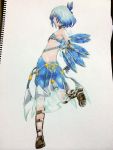  1girl alternate_costume alternate_wings bow cirno from_side full_body gloves gradient_hair hair_bow mechanical_wings multicolored_hair osome_tei profile short_hair solo standing_on_one_leg touhou traditional_media wings 
