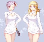  2girls asle blonde_hair blue_background breasts character_request cleavage cleavage_cutout copyright_request drill_hair fan hand_on_hip lavender_hair long_hair looking_at_viewer multiple_girls open-chest_sweater pointy_ears red_eyes ribbed_sweater short_hair smile sweater turtleneck turtleneck_sweater twin_drills violet_eyes 